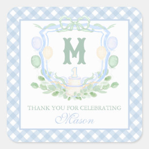 Watercolor Blauwe 1e Verjaardag Monogram Wapenschi Vierkante Sticker