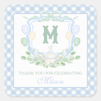 Watercolor Blauwe 1e Verjaardag Monogram Wapenschi Vierkante Sticker