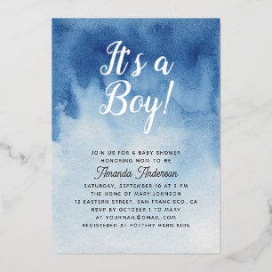Watercolor blauwe baby shower. Het is een gouden j Folie Uitnodiging