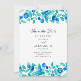 Watercolor blauwe bessen. Blauwe en mint bruiloft Save The Date