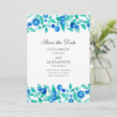 Watercolor blauwe bessen. Blauwe en mint bruiloft Save The Date (Staand voorkant)