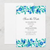 Watercolor blauwe bessen. Blauwe en mint bruiloft Save The Date (Voorkant / Achterkant)