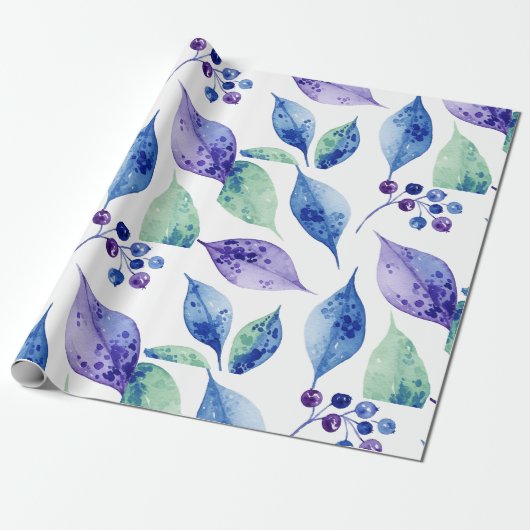 Watercolor blauwe bladeren cadeaupapier (Uitgerold)