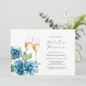 Watercolor Blauwe Bloemblaadjes & Prosecco Bruidsf Kaart (Staand voorkant)