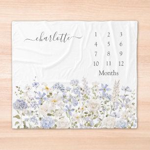 Watercolor Blauwe Bloemen Bloemige Baby Mijlpaal Fleece Deken