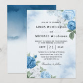 Watercolor blauwe bloemen bruiloft uitnodigingen (Voorkant / Achterkant)