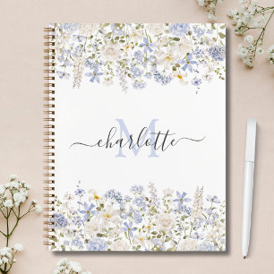 Watercolor Blauwe Bloemen Elegante Script Monogram Notitieboek