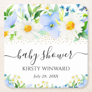 Watercolor Blauwe Bloemen en Madeliefjes Baby Show Kartonnen Onderzetters