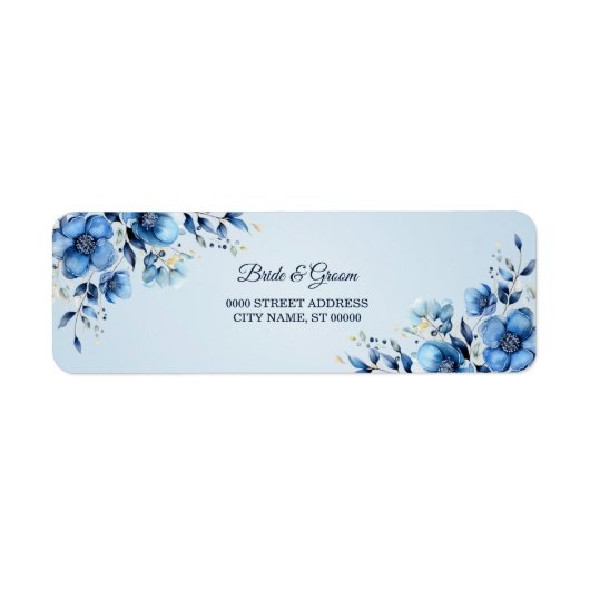 Watercolor Blauwe Bloemen Retouradres Label (Voorkant)