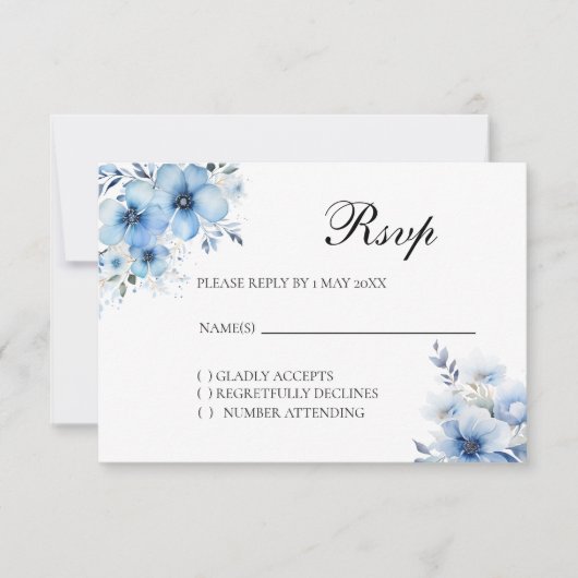 Watercolor Blauwe Bloemen RSVP kaart (Voorkant)