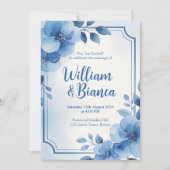Watercolor Blauwe Bloemige Trouwuitnodiging Kaart (Voorkant)