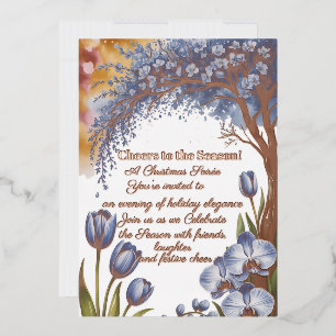 Watercolor Blauwe Boom Kerst Dankkaart Folie Uitnodiging