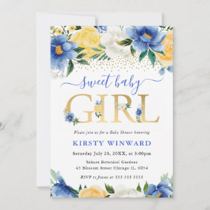 Watercolor Blauwe en Gele Bloemen Baby Shower Kaart