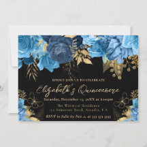 Watercolor Blauwe en Gouden Bloemen Quinceanera