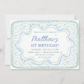 Watercolor Blauwe en Saliegroen 1e Verjaardagsfees Kaart (Voorkant)