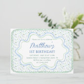 Watercolor Blauwe en Saliegroen 1e Verjaardagsfees Kaart (Staand voorkant)