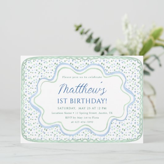 Watercolor Blauwe en Saliegroen 1e Verjaardagsfees Kaart (Staand voorkant)