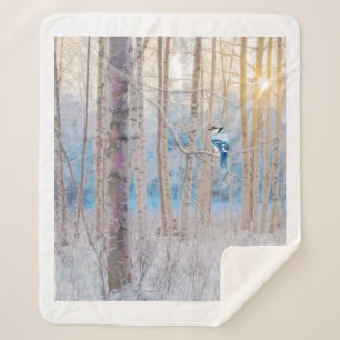 Watercolor Blauwe Gaai Vogel in Bos Natuur Kunst S Sherpa Deken