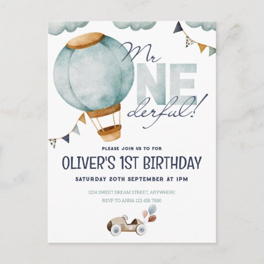 Watercolor Blauwe Heete Luchtballon Mr ONEderful J Briefkaart (Voorkant)