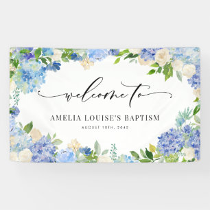 Watercolor Blauwe Hortensia en Ivoorkleurige Roos  Spandoek