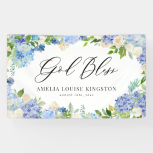 Watercolor Blauwe Hortensia en Ivoorkleurige Roos Spandoek
