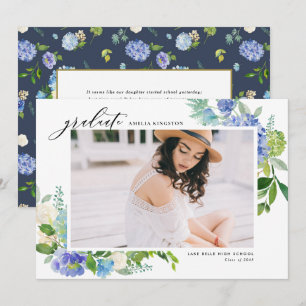 Watercolor Blauwe Hortensia Lijst Foto Afstuderen Aankondiging