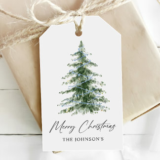 Watercolor Blauwe Kerstboom Feest Cadeaulabel