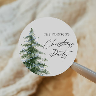 Watercolor Blauwe Kerstboom Feest Ronde Sticker