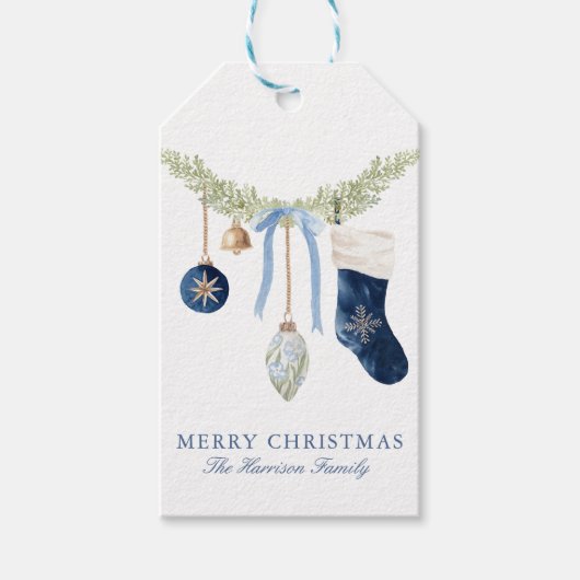 Watercolor Blauwe Kousen Slinger Kerst Cadeaulabel (Voorkant)