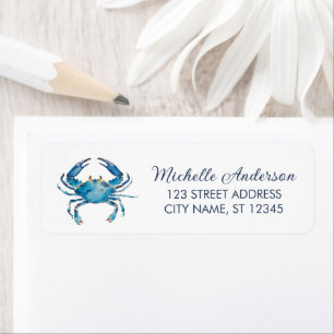 Watercolor Blauwe Krab Zeevaart Retouradres       Etiket