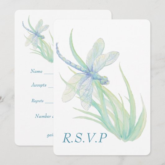 Watercolor Blauwe Libelle Bruiloft RSVP Kaart (Voorkant / Achterkant)