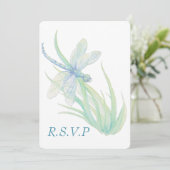 Watercolor Blauwe Libelle Bruiloft RSVP Kaart (Staand voorkant)