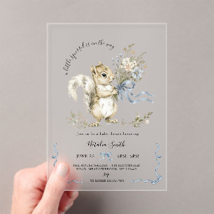 Watercolor Blauwe Lint Eekhoorn Baby Shower Acryl Uitnodigingen