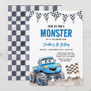 Watercolor Blauwe Monstertruck Verjaardagsracefees Kaart