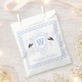 Watercolor Blauwe Ooievaar Gingham Monogram Wapen Bedankzakje