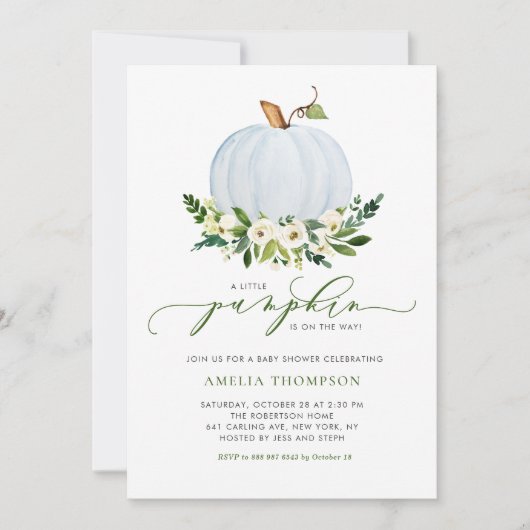 Watercolor Blauwe Pompoen Bloemige Baby Shower Kaart (Voorkant)