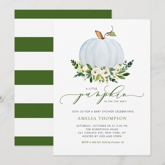 Watercolor Blauwe Pompoen Bloemige Baby Shower Kaart (Voorkant / Achterkant)