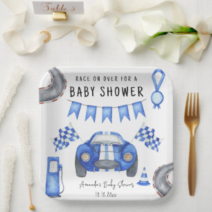 Watercolor Blauwe Raceauto Baby Shower  Papieren Bordje