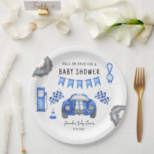 Watercolor Blauwe Raceauto Baby Shower Papieren Bordje