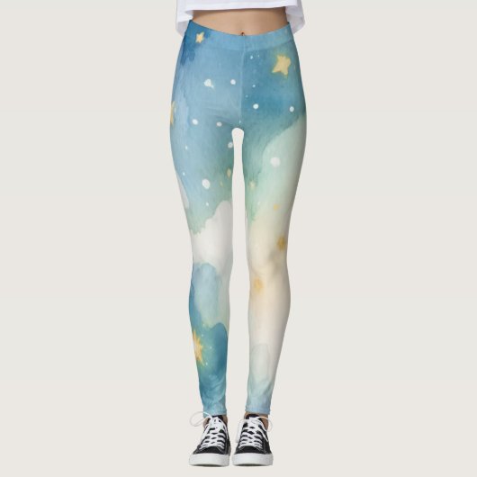 Watercolor Blauwe Sterrenhemel Leggings (Voorkant)