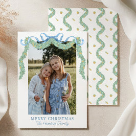 Watercolor Blauwe Strik Fruit Guirlande Kerst Foto Feestdagenkaart