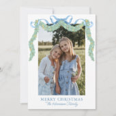 Watercolor Blauwe Strik Fruit Guirlande Kerst Foto Feestdagenkaart (Voorkant)