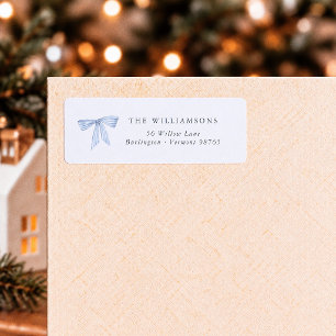 Watercolor Blauwe Strik Kerst Retouradres Etiket