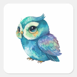 Watercolor Blauwe Uil Vierkante Sticker