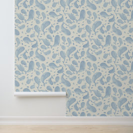 Watercolor Blauwe Walvis Paisley met Crème Behang