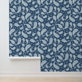 Watercolor Blauwe Walvis Paisley met Marineblauwe  Behang