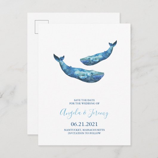 Watercolor Blauwe Walvis Save the Date Aankondigingskaart (Voorkant / Achterkant)