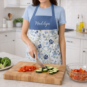 Watercolor Blauwe Wilde Bloem Aangepaste Naam Schort