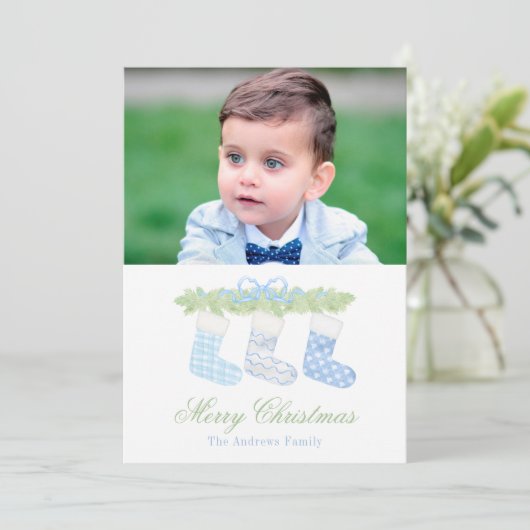 Watercolor Blauwe & Witte Kerstmuts Foto Feestdagenkaart (Staand voorkant)