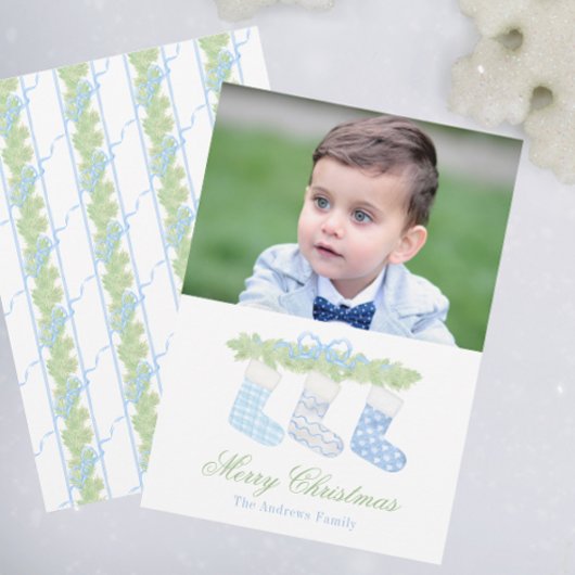 Watercolor Blauwe & Witte Kerstmuts Foto Feestdagenkaart